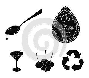 Label of olive oil, spoon with a drop, olives on sticks, a glass of alcohol. Olives set collection icons in black style