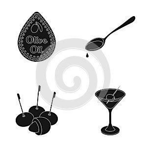 Label of olive oil, spoon with a drop, olives on sticks, a glass of alcohol. Olives set collection icons in black style