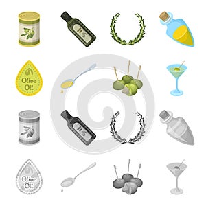 Label of olive oil, spoon with a drop, olives on sticks, a glass of alcohol. Olives set collection icons in cartoon