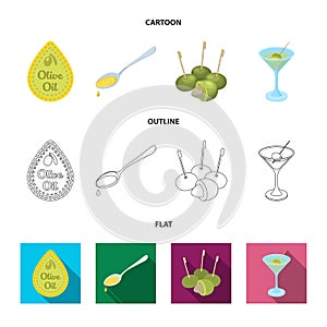 Label of olive oil, spoon with a drop, olives on sticks, a glass of alcohol. Olives set collection icons in cartoon