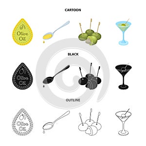 Label of olive oil, spoon with a drop, olives on sticks, a glass of alcohol. Olives set collection icons in cartoon