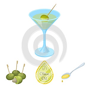 Label of olive oil, spoon with a drop, olives on sticks, a glass of alcohol. Olives set collection icons in cartoon