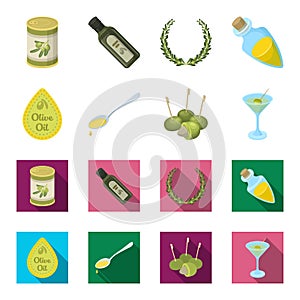 Label of olive oil, spoon with a drop, olives on sticks, a glass of alcohol. Olives set collection icons in cartoon,flat