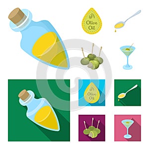 Label of olive oil, spoon with a drop, olives on sticks, a glass of alcohol. Olives set collection icons in cartoon,flat