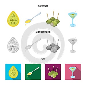 Label of olive oil, spoon with a drop, olives on sticks, a glass of alcohol. Olives set collection icons in cartoon,flat