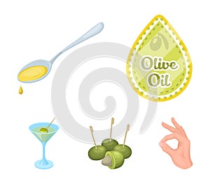 Label of olive oil, spoon with a drop, olives on sticks, a glass of alcohol. Olives set collection icons in cartoon