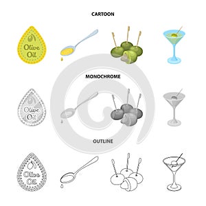 Label of olive oil, spoon with a drop, olives on sticks, a glass of alcohol. Olives set collection icons in cartoon