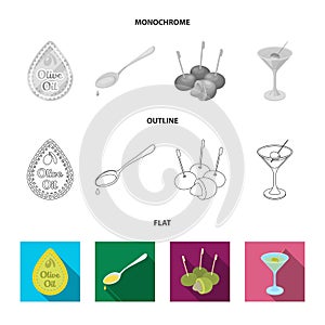 Label of olive oil, spoon with a drop, olives on sticks, a glass of alcohol. Olives set collection icons in flat,outline