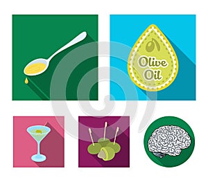 Label of olive oil, spoon with a drop, olives on sticks, a glass of alcohol. Olives set collection icons in flat style