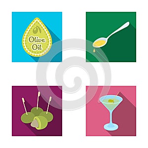 Label of olive oil, spoon with a drop, olives on sticks, a glass of alcohol. Olives set collection icons in flat style