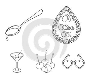Label of olive oil, spoon with a drop, olives on sticks, a glass of alcohol. Olives set collection icons in outline