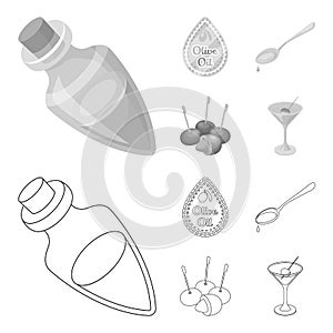 Label of olive oil, spoon with a drop, olives on sticks, a glass of alcohol. Olives set collection icons in outline