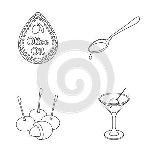 Label of olive oil, spoon with a drop, olives on sticks, a glass of alcohol. Olives set collection icons in outline