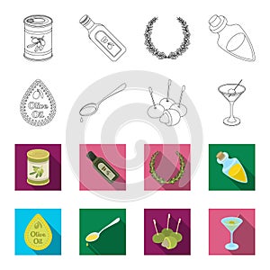 Label of olive oil, spoon with a drop, olives on sticks, a glass of alcohol. Olives set collection icons in outline,flet