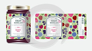 Label and packaging of berries mix marmalade. Jar with label.