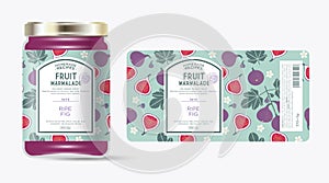 Label and packaging of fig marmalade. Jar with label.