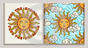 Label, pattern with sun with face, clouds, text