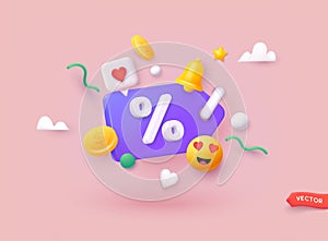 Label with percent, check mark and discount. App icon. 3D Web Vector Illustrations
