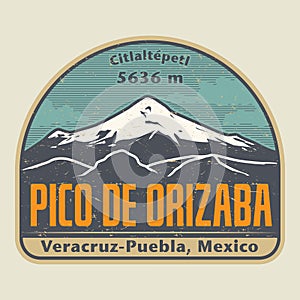 Label with Pico de Orizaba mountain peak, in Mexico photo