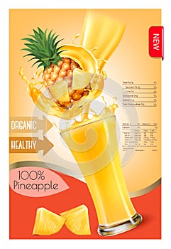 Label of pineapple juice splash in a glass. Desing template. photo