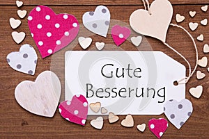 Label, Pink Hearts, Gute Besserung Means Get Well Soon