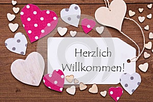 Label, Pink Hearts, Text Herzlich Willkommen Means Welcome