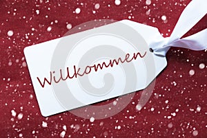 Label On Red Background, Snowflakes, Willkommen Means Welcome