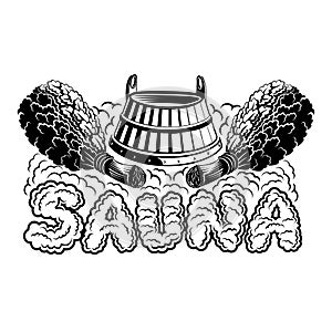 Label for sauna, banya or bathhouse. Sauna word  from steam under wooden tub between oak besoms
