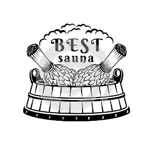 Label for sauna, banya or bathhouse. Two besom  in wooden tub