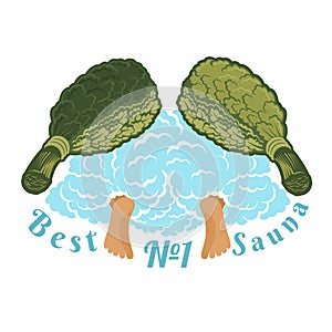 Label for sauna, banya or bathhouse. Two feet from steam between two oak besoms. Color vector illustration