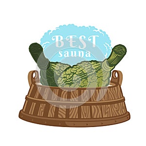 Label for sauna, banya or bathhouse. Two oak besoms in wooden tub. Color vector illustration