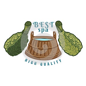 Label for sauna, banya or bathhouse. Wooden tub between oak besoms. Color vector illustration