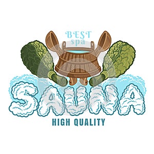 Label for sauna, banya or bathhouse. Wooden tub between two oak besoms with crossed ladles. Color vector illustration