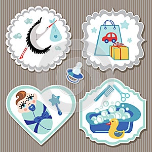 Label set with items for European newborn baby boy