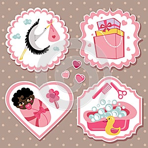 Label set with items for mulatto newborn baby girl