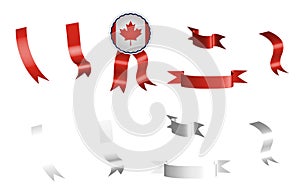 Label, set of red and white ribbons with tag, in colors of the flag of Canada. Isolated vector on white background