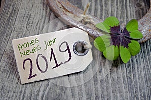 Label Sign and chalkboard with Happy New Year New Years Eve with 2019 and shamrock