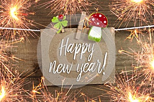 Label Sign and chalkboard with Happy New Year New Years Eve with 2019 and shamrock