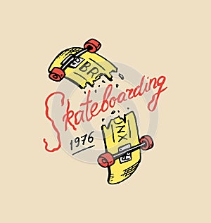 Label for Skateboarding. Urban longboard for Skater. Urban broken board. badge emblem t-shirt typography. engraved hand