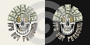 Label with skull, money, 100 dollar bills.