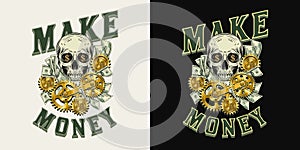 Label with skull, money cash, 100 US dollar bills