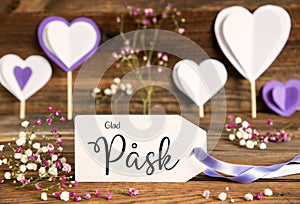 Label With Spring Flowers, Hearts, Text Glad Pask Means Happy Easter