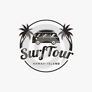 Label Surf tour, surf camp logo design vector with classic van and surf board and palm tree