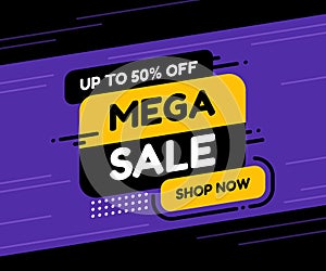 Label template mega sale with button shop now. Vector flat illustrations. Big sale special offer