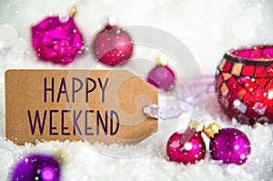 Label With Text Happy Weekend, Snow, Purple Christmas Decor