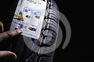 Label on tire with information about level of noise  braking distance on wet road  fuel efficiency.