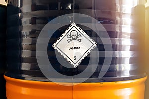 Label of toxicity, hazardous chemical warning symbol on the chemical barrel show caution for use photo
