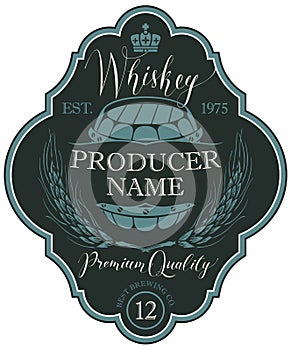 Label for whiskey with ears of barley and barrel