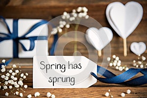 Label With White Heart Decoration, Flower, Gift, Text Spring Has Sprung photo
