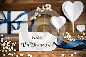 Label With White Heart Decoration, Flower, Gift, Text Willkommen Means Welcome